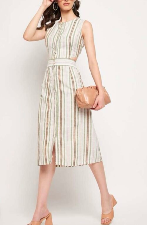 Stripped cut out detail pure cotton A-Line midi dress - Image 7