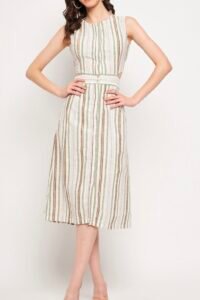 Stripped cut out detail pure cotton A-Line midi dress