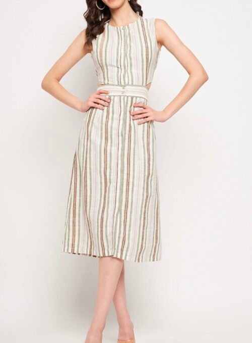 Stripped cut out detail pure cotton A-Line midi dress