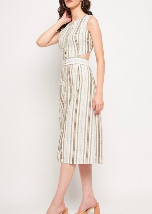 Stripped cut out detail pure cotton A-Line midi dress - Image 3