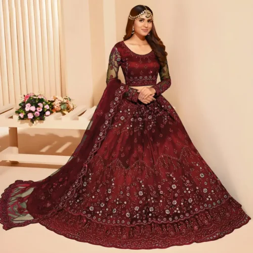Embroidered Semi Stitched Lehenga Choli (Maroon)