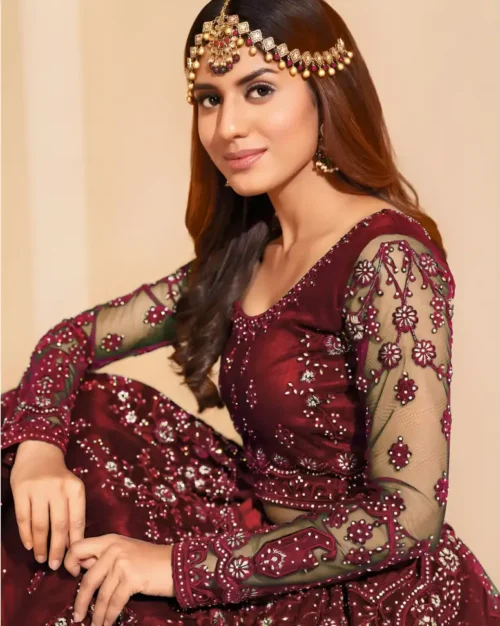 Embroidered Semi Stitched Lehenga Choli (Maroon) - Image 2