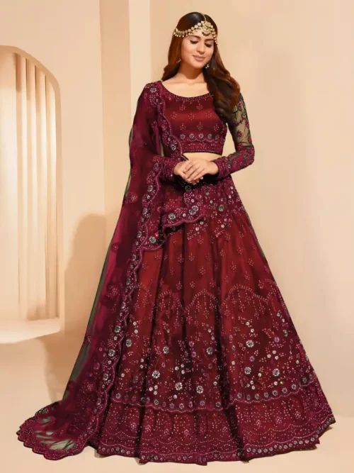 Embroidered Semi Stitched Lehenga Choli (Maroon) - Image 3