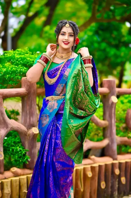 Woven Banarasi Jacquard Saree (Blue) - Image 2