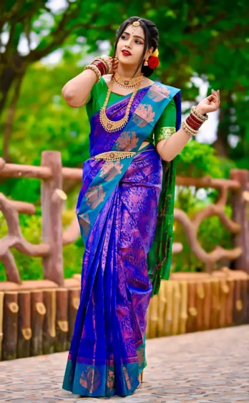 Woven Banarasi Jacquard Saree (Blue) - Image 4