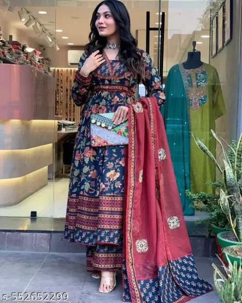 Cotton 60*60 prosin printed anarkali style gown V-neck anarkali suit with Sequence work - Image 3