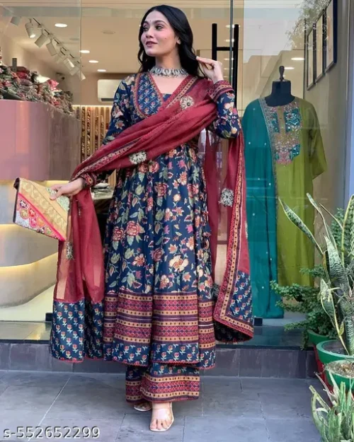 Cotton 60*60 prosin printed anarkali style gown V-neck anarkali suit with Sequence work